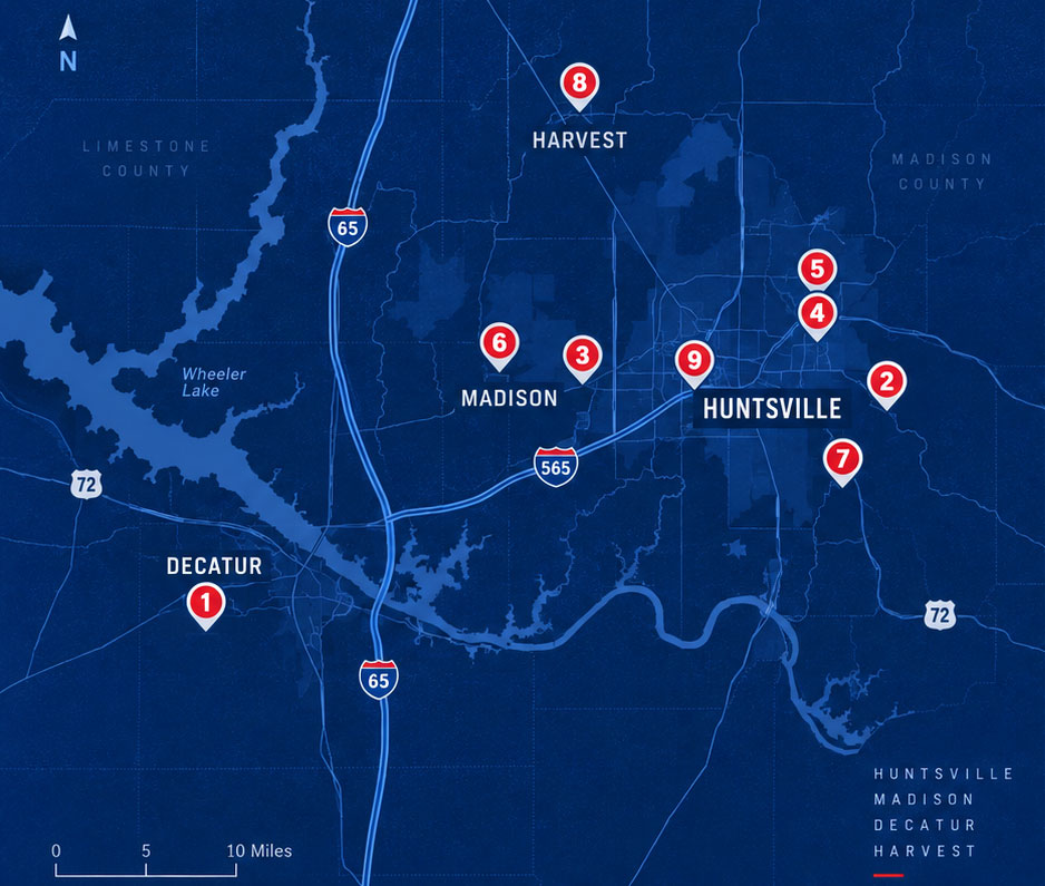 Map of Huntsville Cubs baseball venues in North Alabama